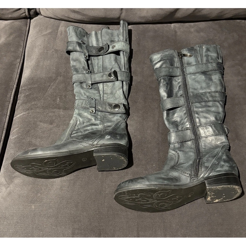 Two Lips Black Combat Moto Boots with Buckle Straps